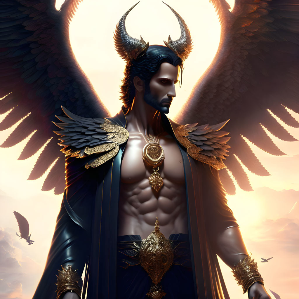 Majestic fantasy character with horns and angelic wings in golden armor and regal cloak surrounded by