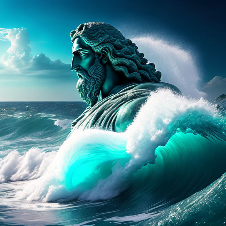 Bearded male figure in ocean wave against stormy sky