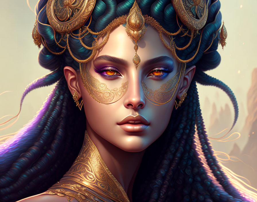 Fantasy portrait of a woman with gold jewelry, purple eyeshadow, and intricate tattoos.