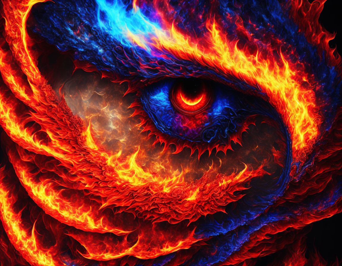 Colorful Dragon Face Surrounded by Blue and Orange Flames