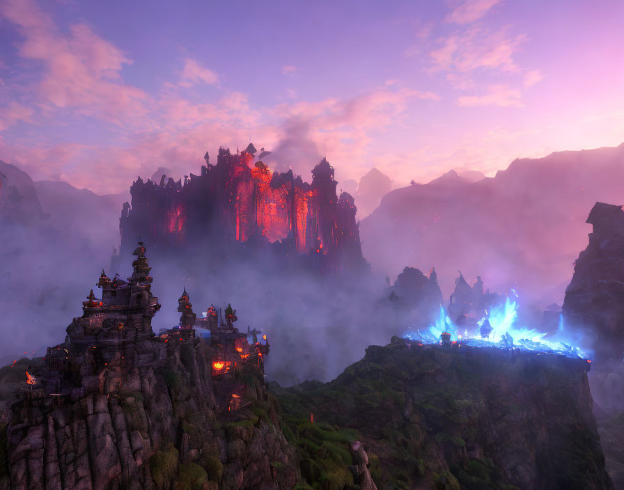 Mystical landscape with glowing lava flows and ancient temples under a dusky purple sky