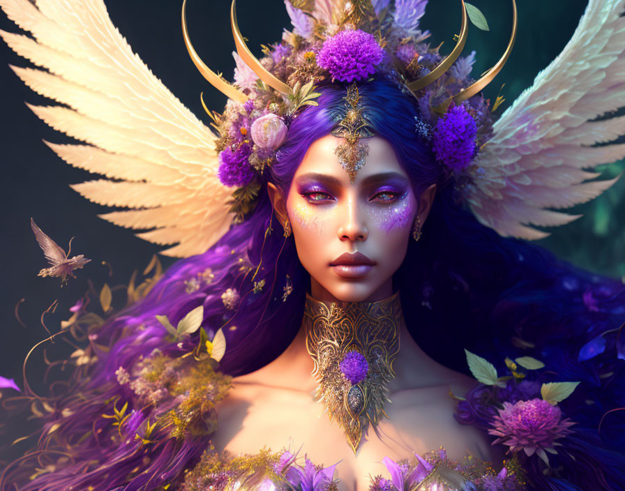 Fantastical creature with purple hair, golden antlers, wings, surrounded by flowers and butterfly