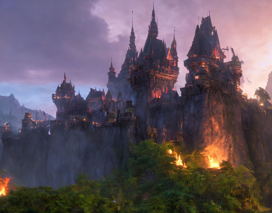 Majestic fantasy castle on steep cliffs at dusk with warm lights and mist.