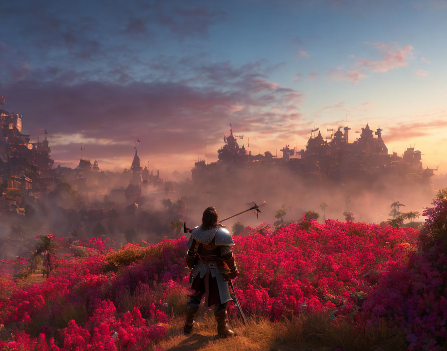 Knight admiring castle in pink flower field under pastel sunset.