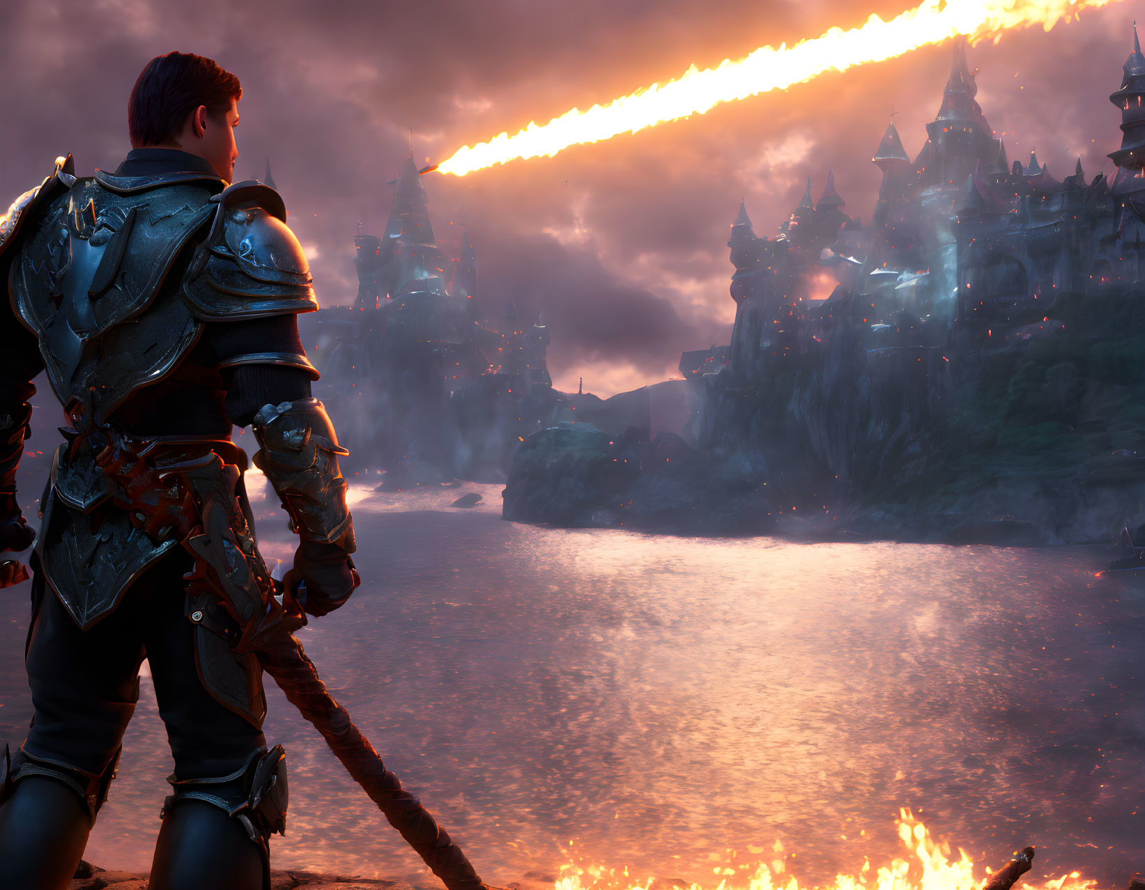 Knight in armor gazes at castle under siege with fiery sky streak reflected in water