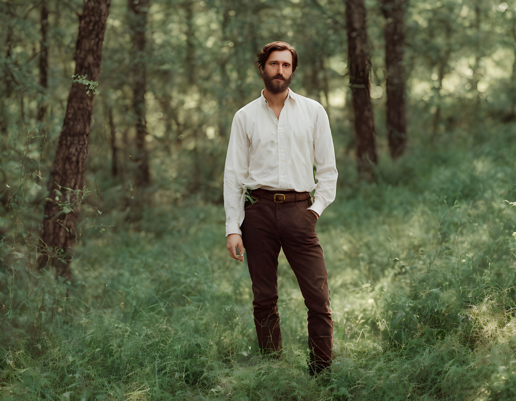 Bearded man in white shirt and brown trousers in sunlit forest