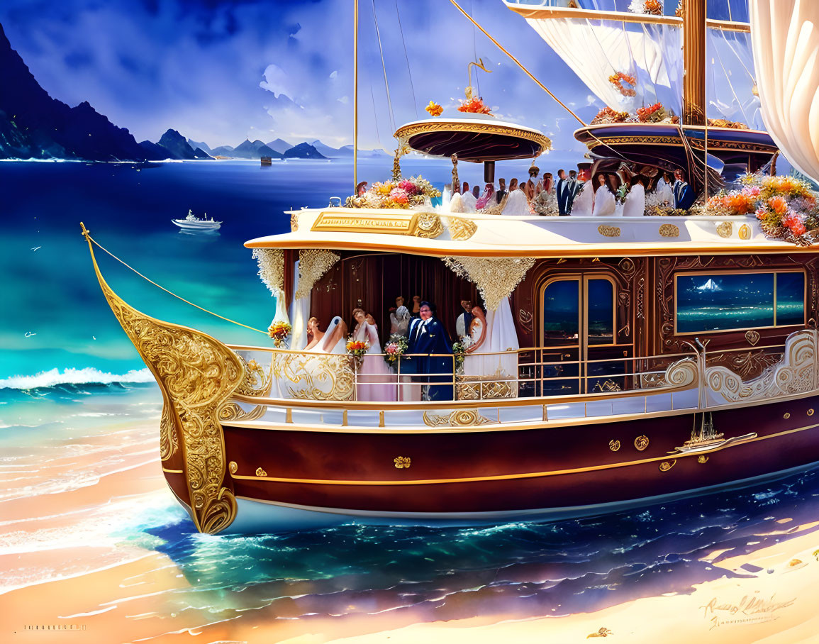 Luxurious ornate ship with guests near beach and mountains under clear skies.