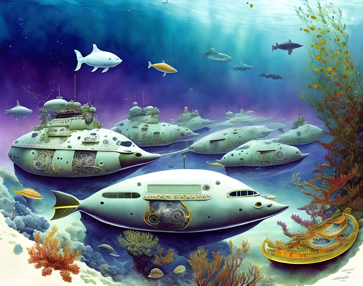 Fantasy submarines in underwater scene with marine life and coral reefs