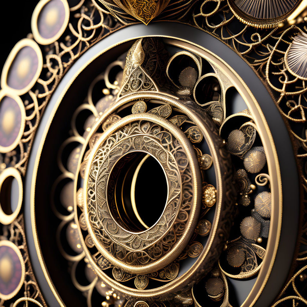 Golden Fractal Patterns with Circular and Ornate Designs on Dark Background