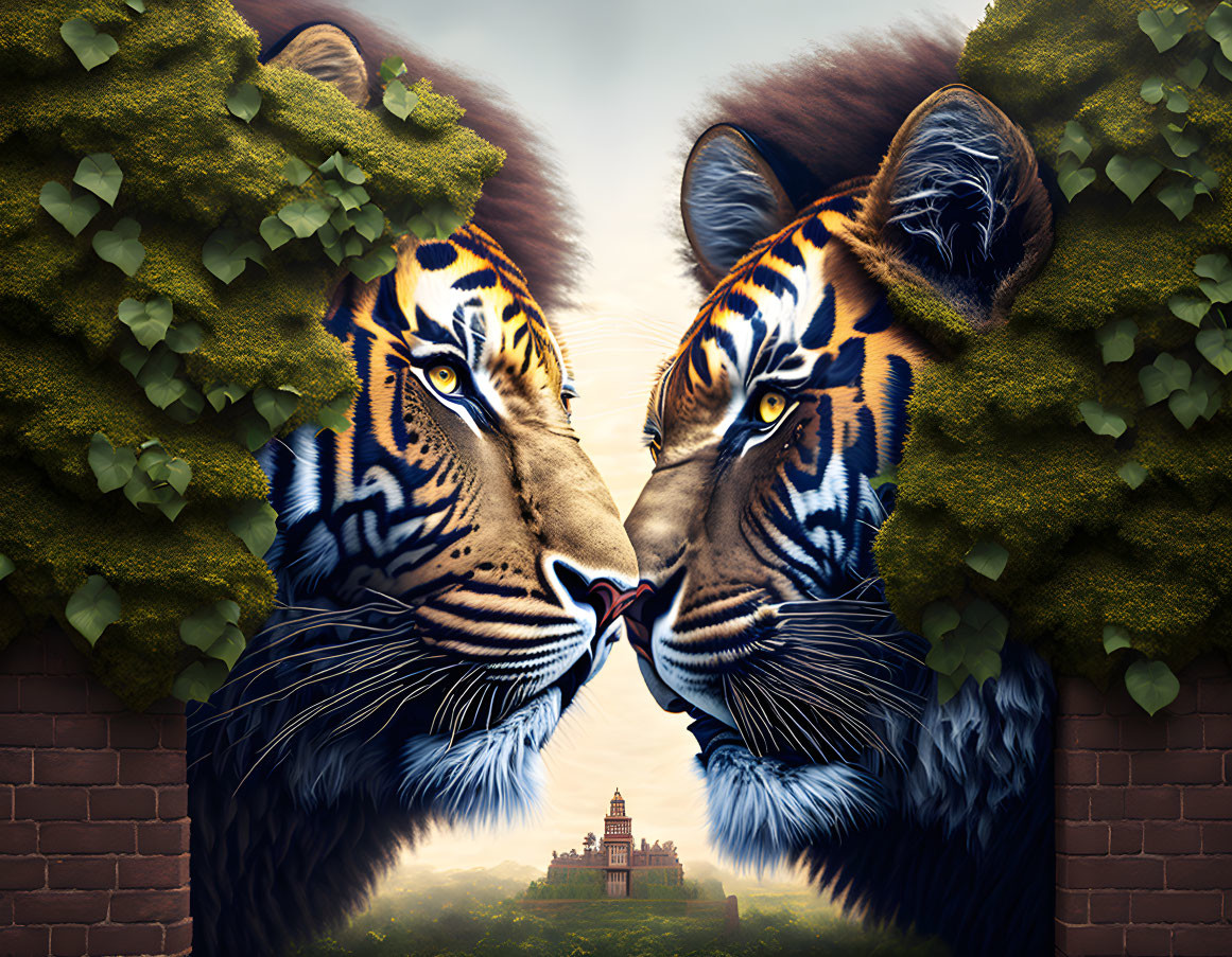 Two tigers facing off in front of castle at sunset with ivy-covered walls