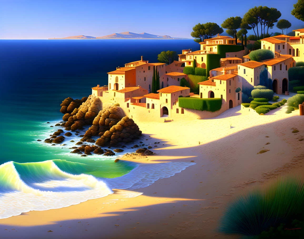 Scenic coastal village: terracotta-roofed houses, turquoise sea, sandy beach, gentle