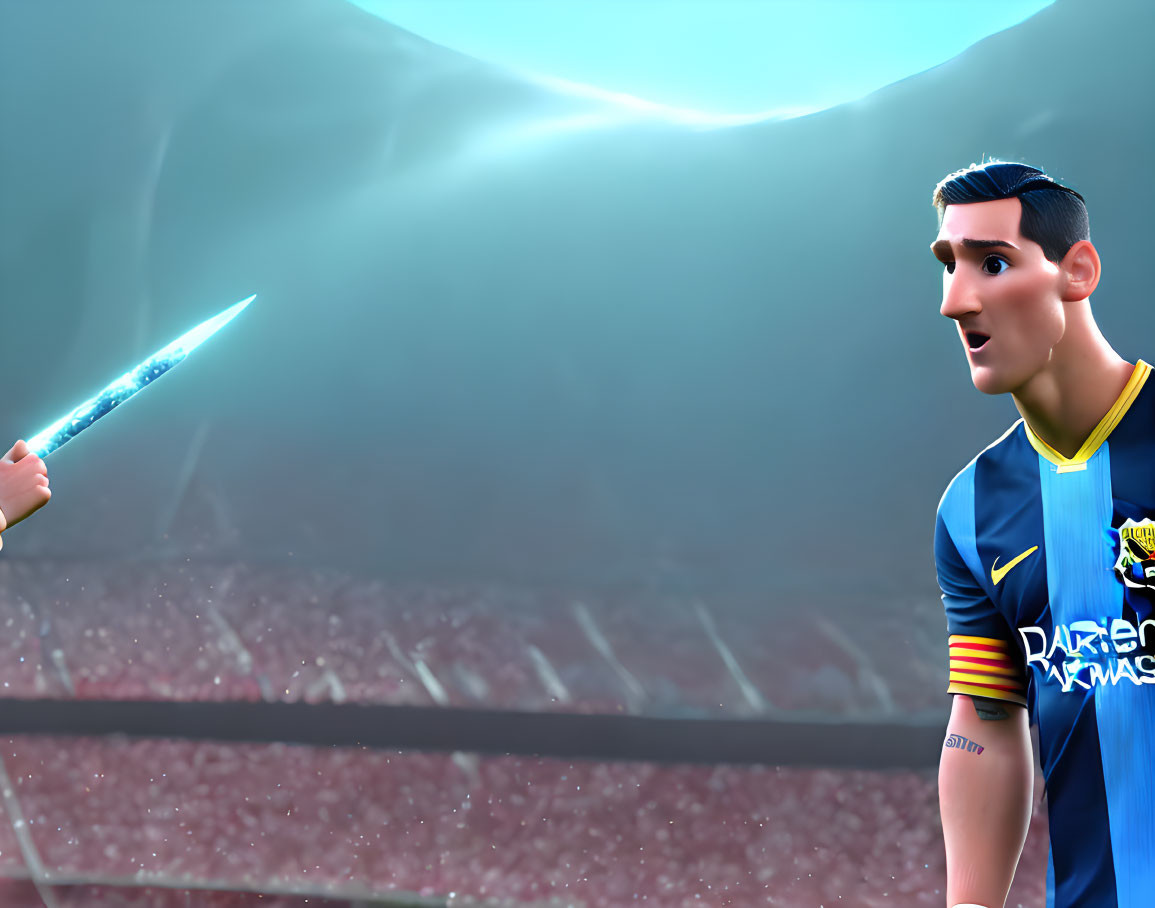 Soccer player-inspired animated character with glowing sword in stadium setting