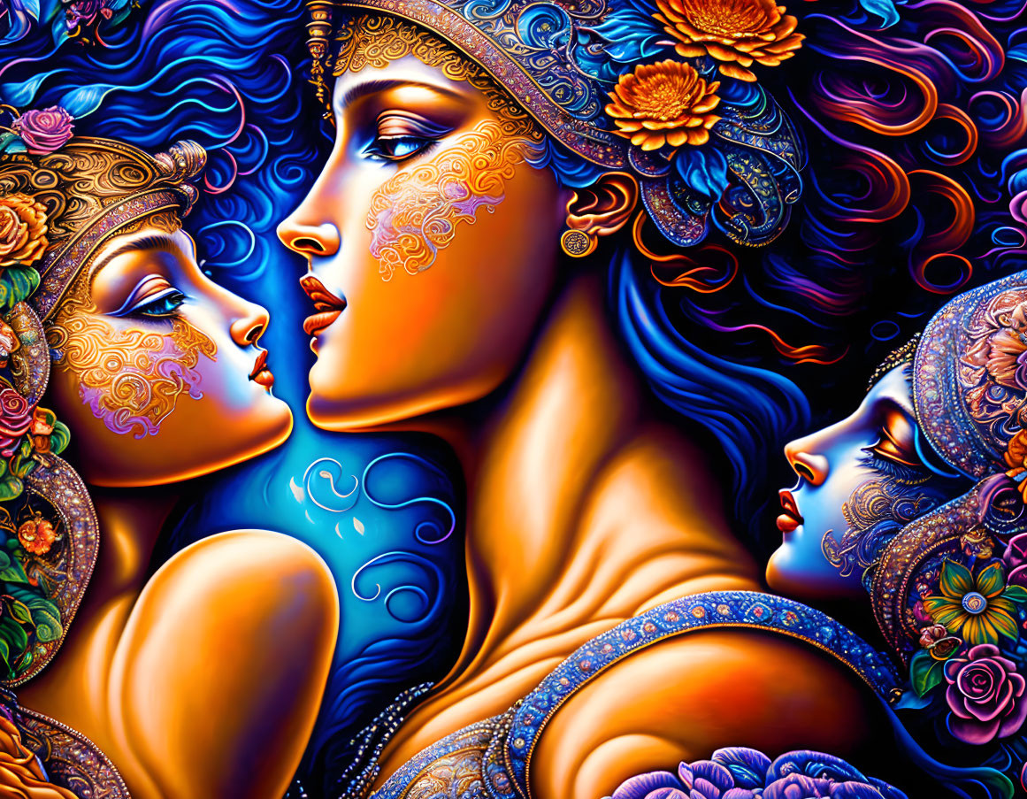 Colorful digital art featuring three stylized women with tattoos and headdresses in blues, oranges, and