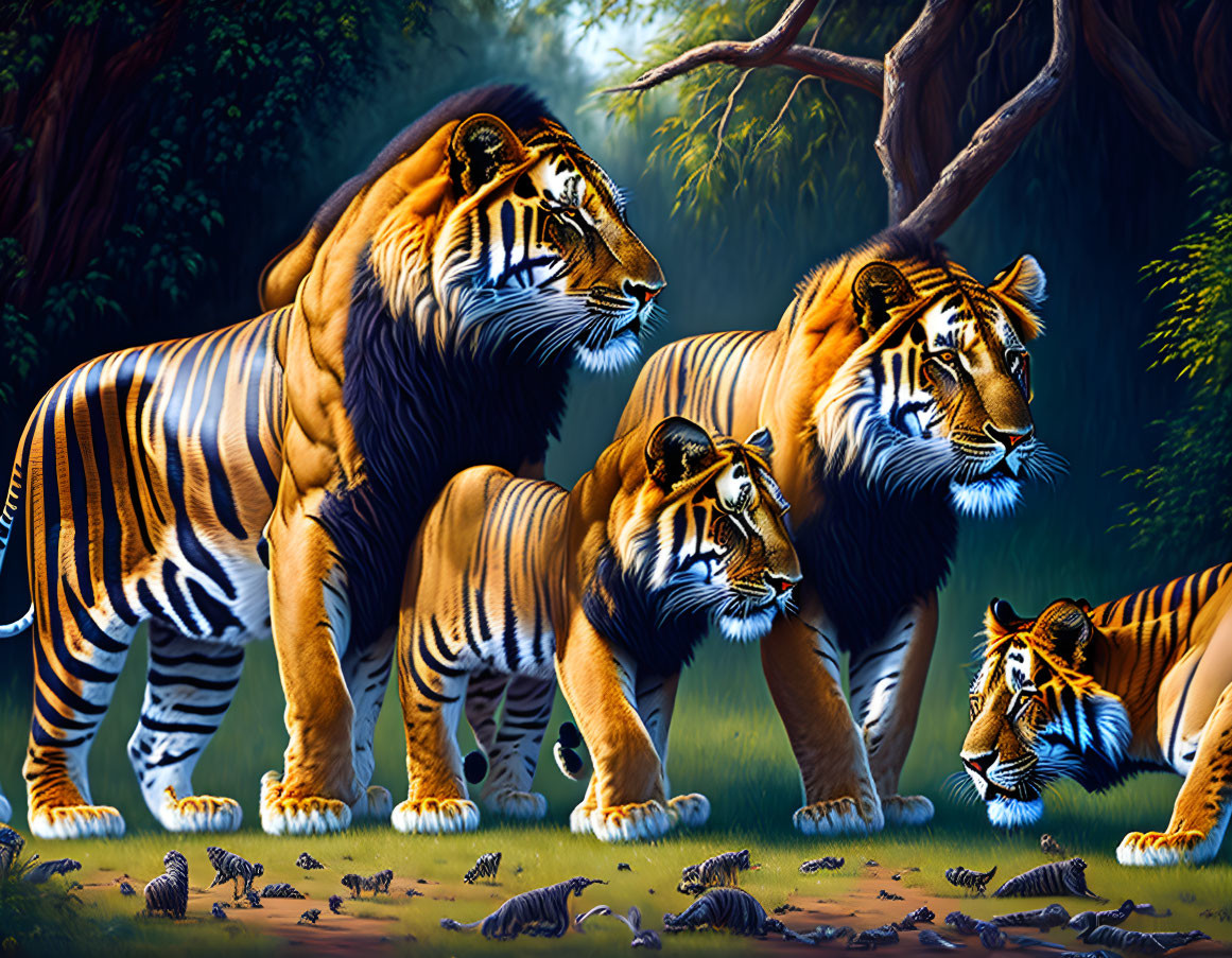Four Tigers and Frogs in Vibrant Jungle Scene