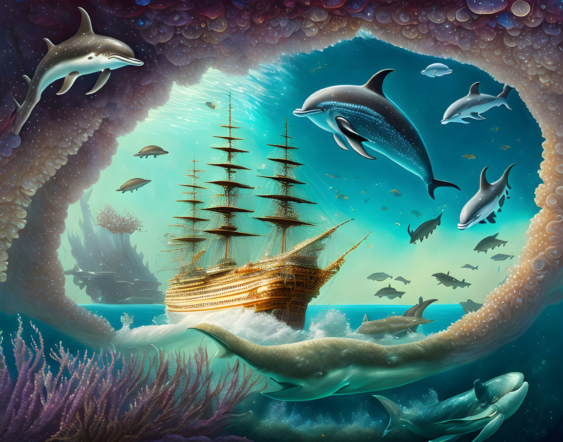 Underwater scene with dolphins, sunken galleon, marine life, and coral in bubble border