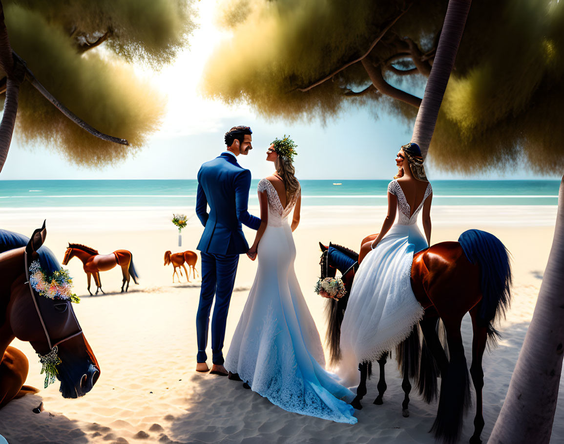 Couple in wedding attire on beach with horses and palm trees
