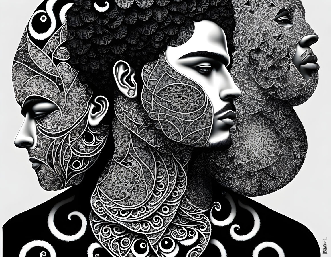 Monochrome digital artwork: Three patterned faces merging profile on white background