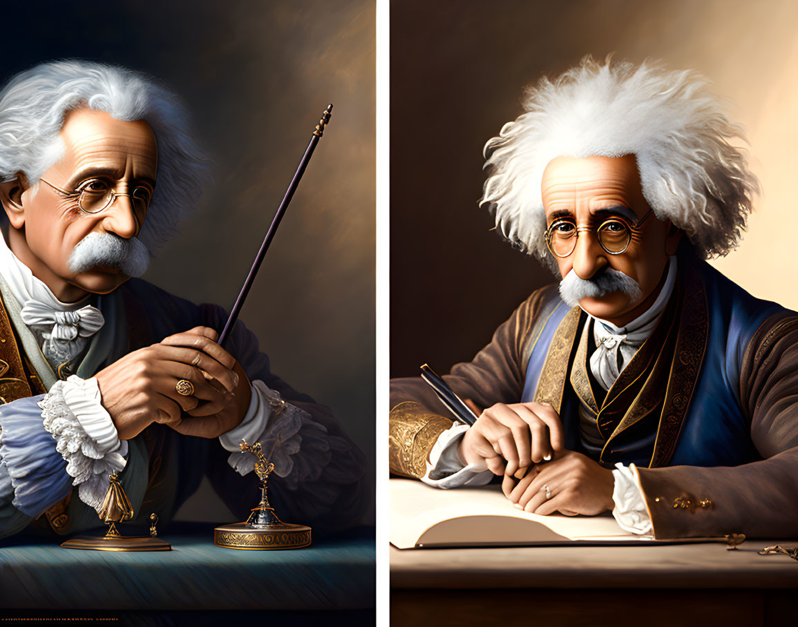 Stylized portraits of historical figures resembling composers or scientists with quill and book