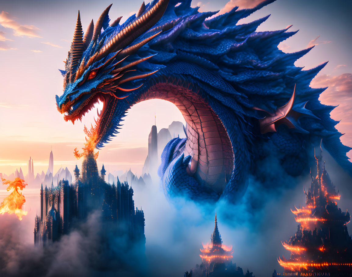Blue dragon perched on mystical landscape with spired castles at dawn