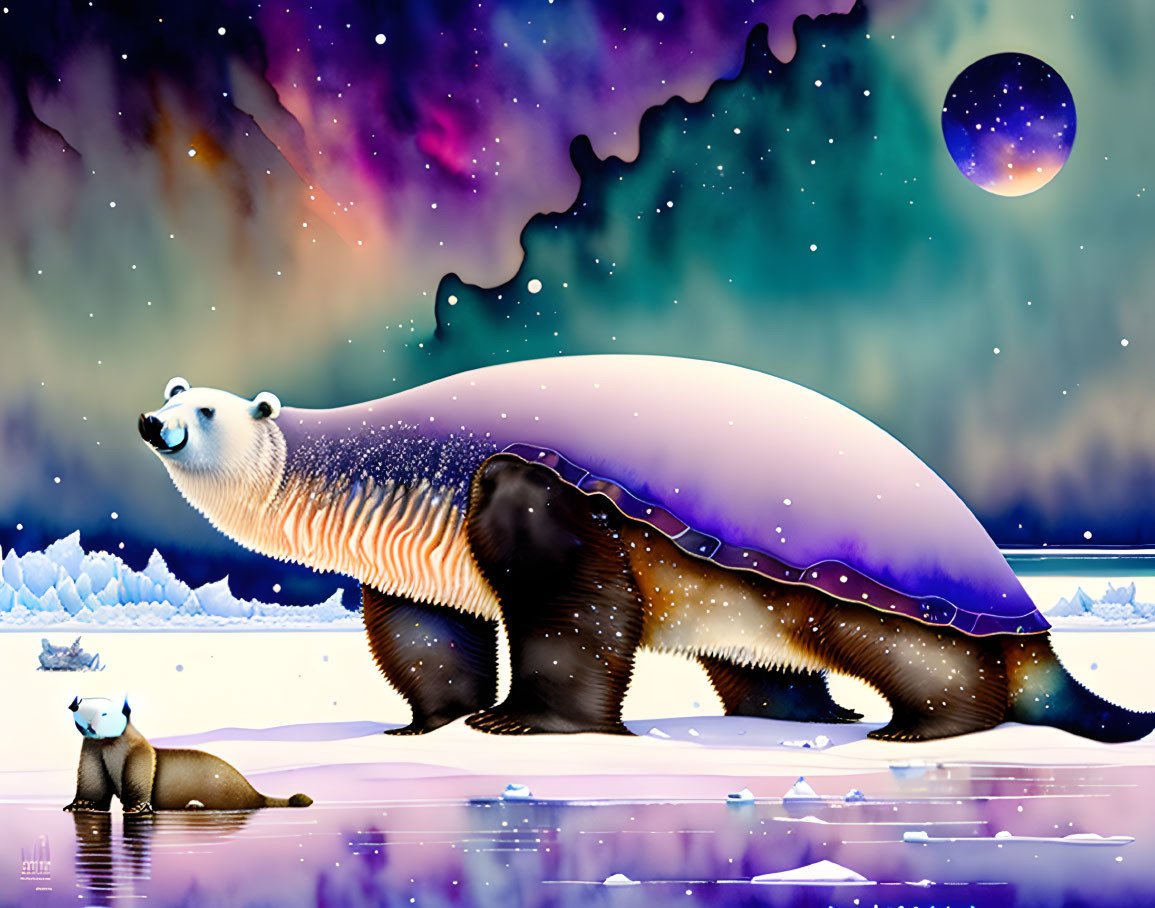 Surreal illustration of polar bear in aurora night sky with cub and icy landscape