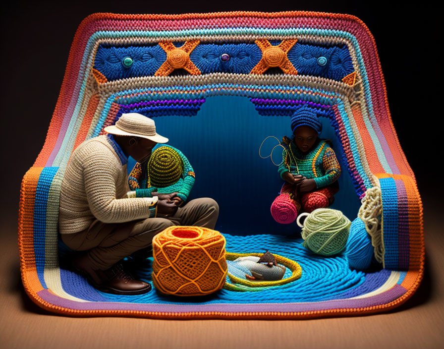 Colorful yarn dome with two people crocheting surrounded by yarn balls