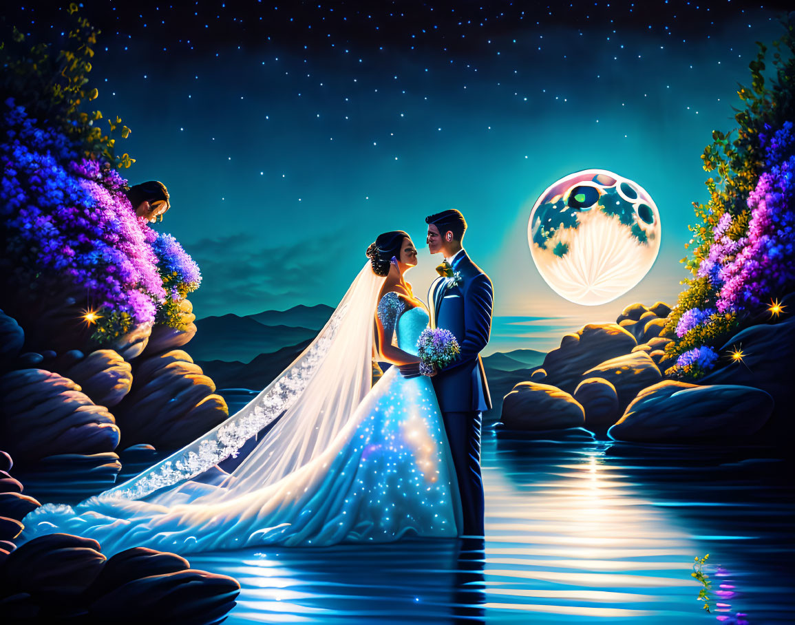 Bride and groom by serene lake with starry sky and vibrant flowers