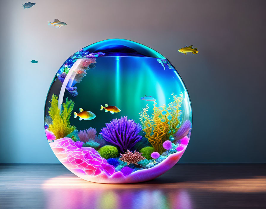 Colorful fish, coral, and plants in spherical aquarium with blue light on grey background