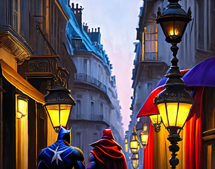 Superhero Figures in Parisian Alley at Twilight
