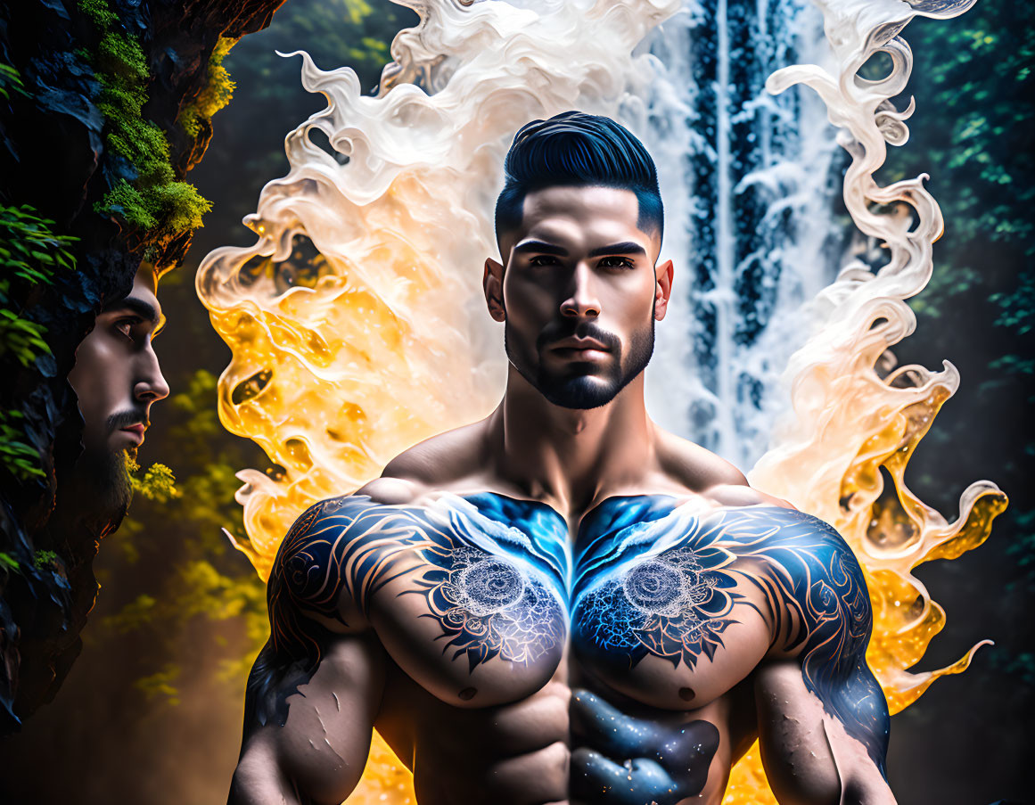 Muscular man with tattoos surrounded by flames and smoke in nature scene