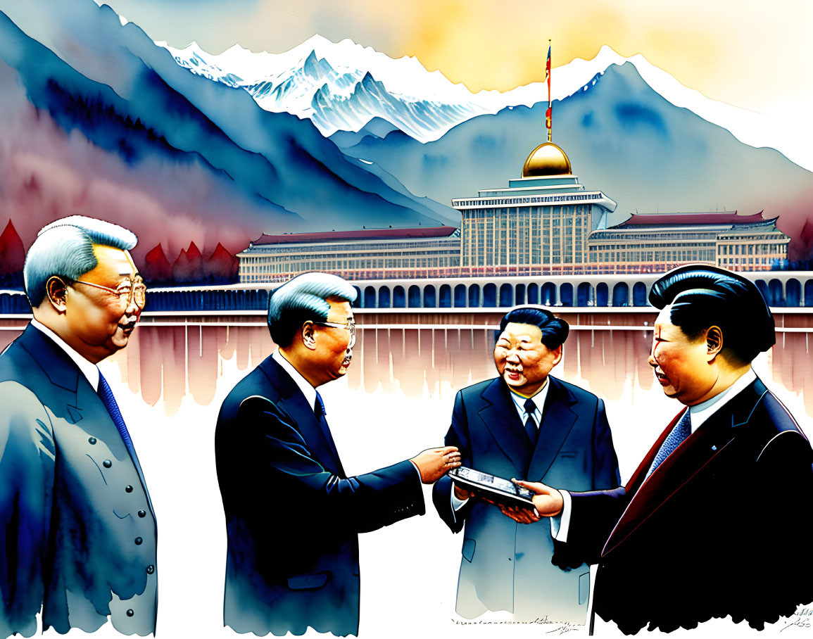 Four men in suits exchanging document with mountain and building backdrop.