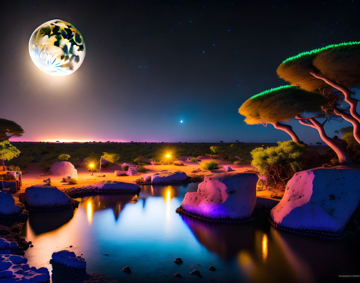 Surreal Nocturnal Landscape with Glowing Mushrooms and Earth in Starry Sky