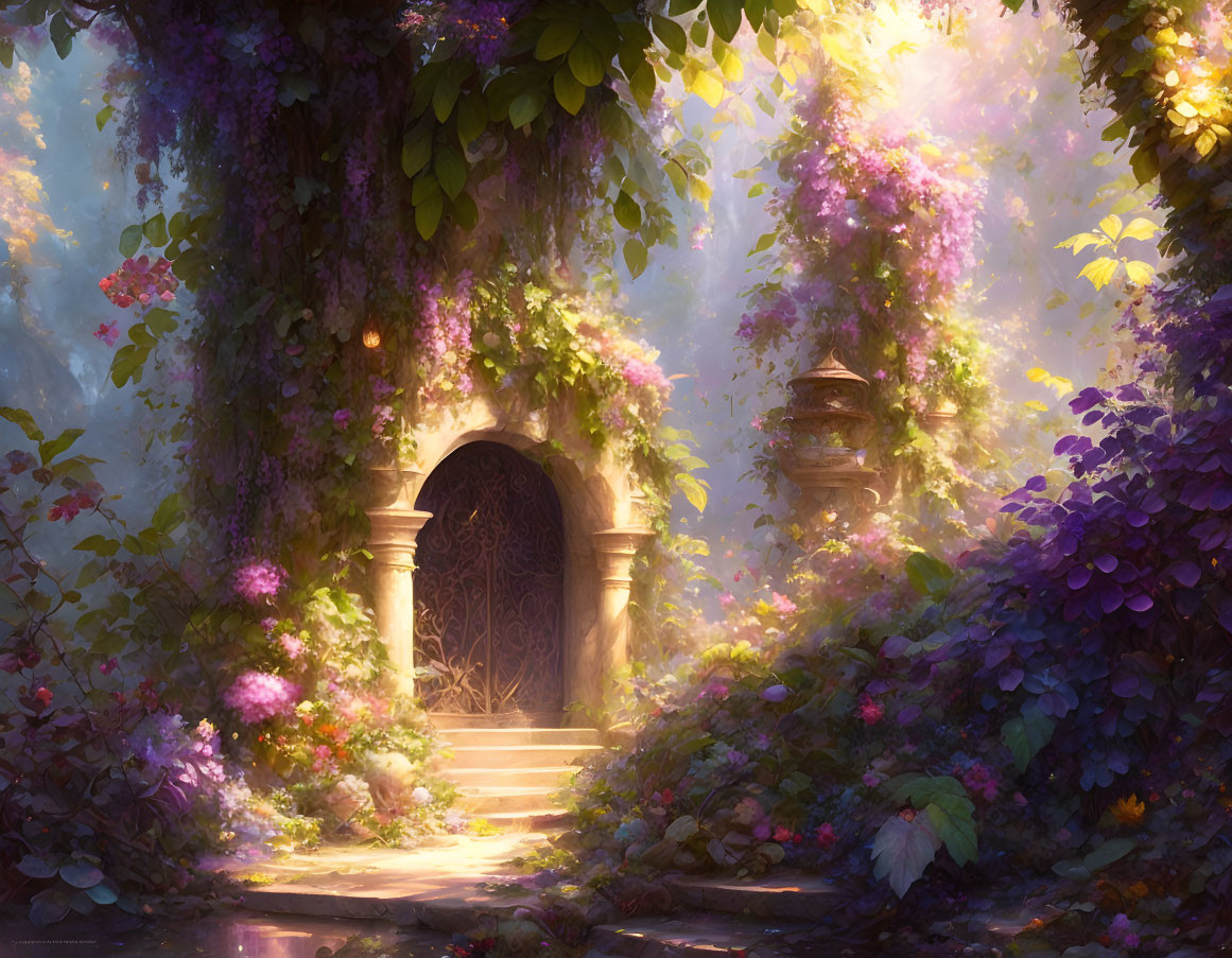 Flourishing garden gateway with vibrant flowers and misty sunlight