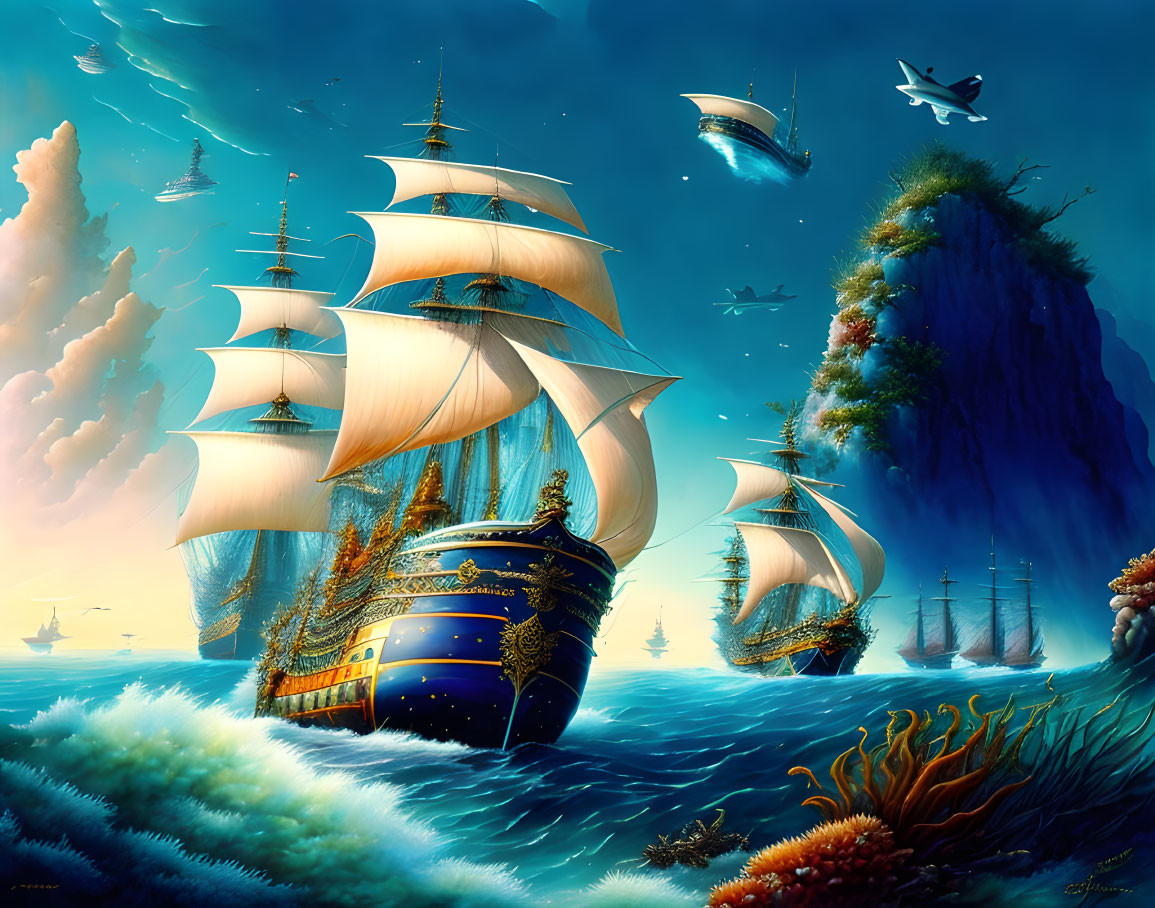 Sailship with white sails, airships, and towering cliff in scenic image