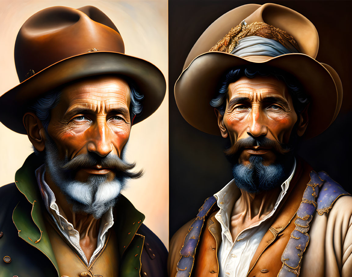 Elderly men in cowboy hats with stylized facial hair in Old West attire