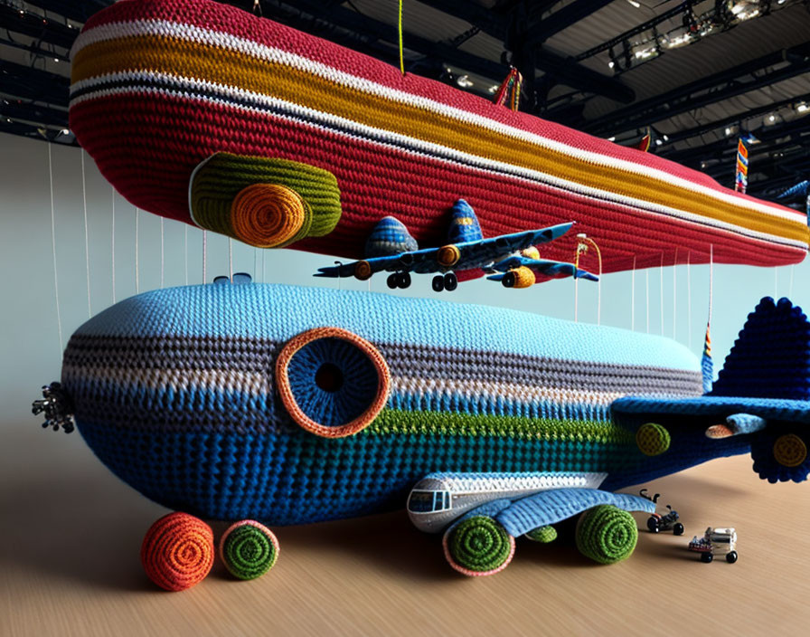 Vibrant yarn-covered aircraft display with miniature vehicles indoors