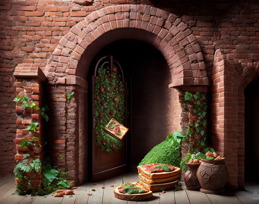 Wooden arched door in brick wall with greenery, floating book & whimsical pastries.