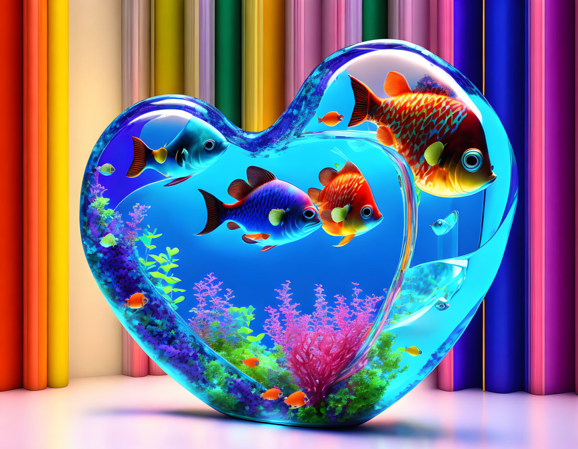 Colorful heart-shaped aquarium with fish and coral against rainbow bars