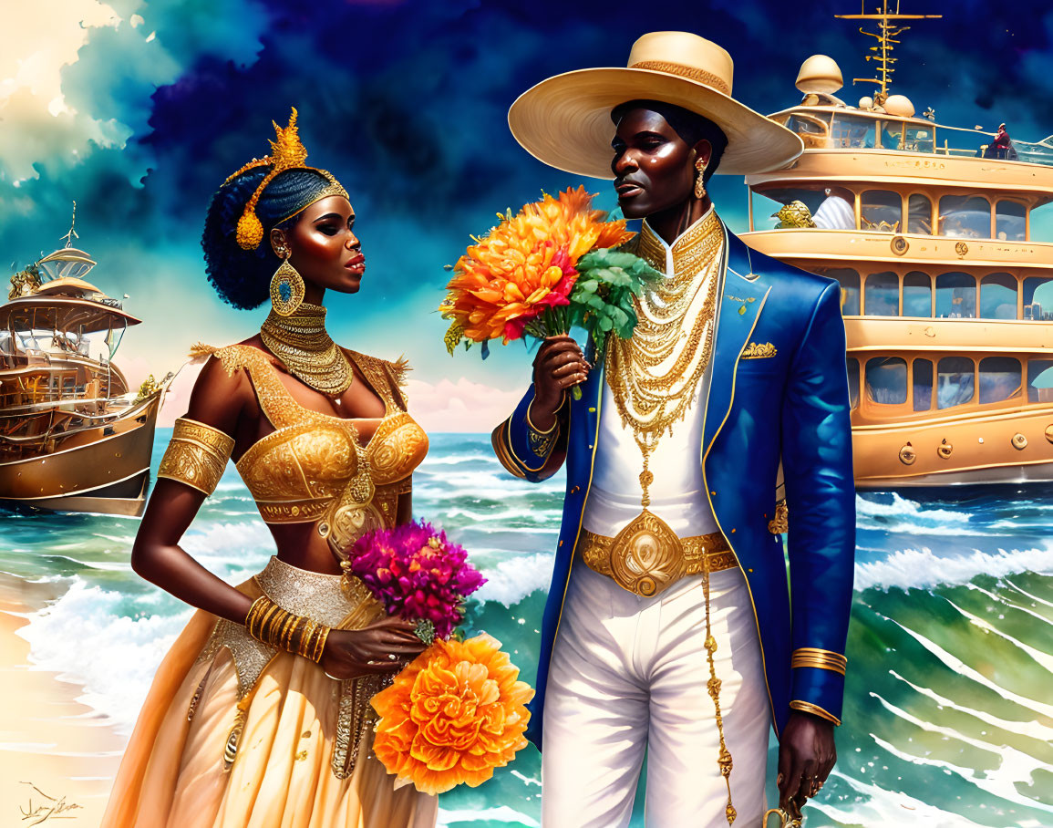 Elegantly Dressed Couple by Sea with Yacht and Flowers