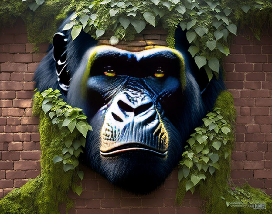 Hyper-realistic gorilla face in brick wall with ivy, intense gaze