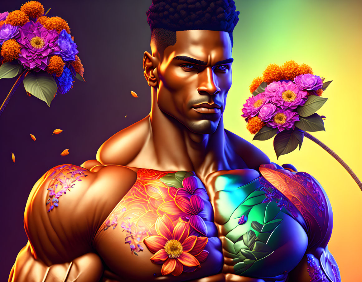 Muscular man with floral tattoos holding flowers on warm background