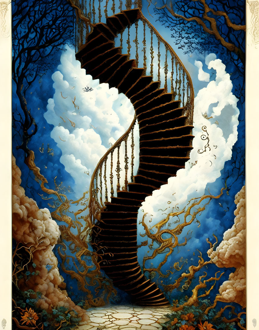 Surreal spiral staircase in dreamlike sky landscape