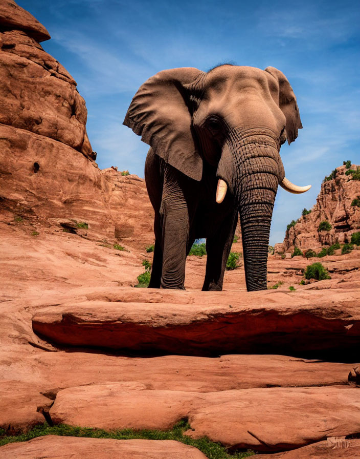 Elephant on Red Sandstone in Rocky Terrain