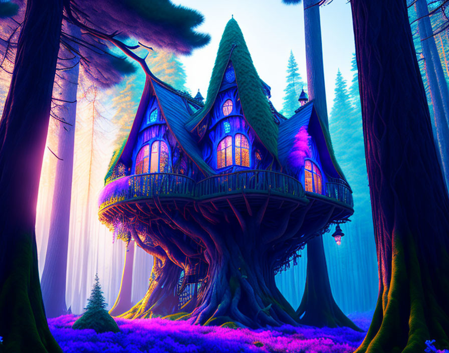 Pointed-roof treehouse in mystical forest with purple hues and ethereal light