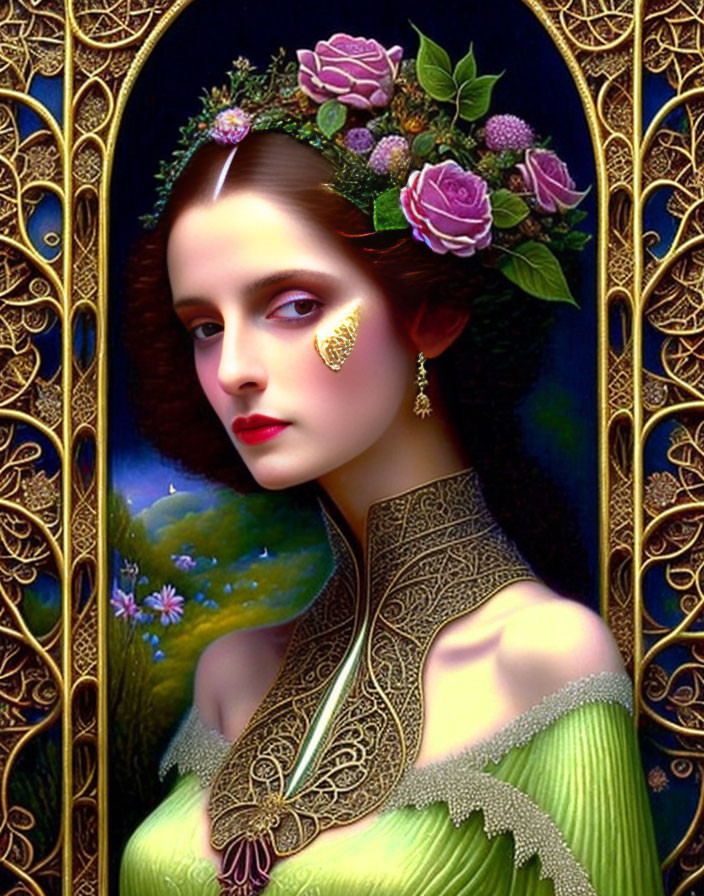 Portrait of Woman with Floral Crown and Gold Accents in Green Dress