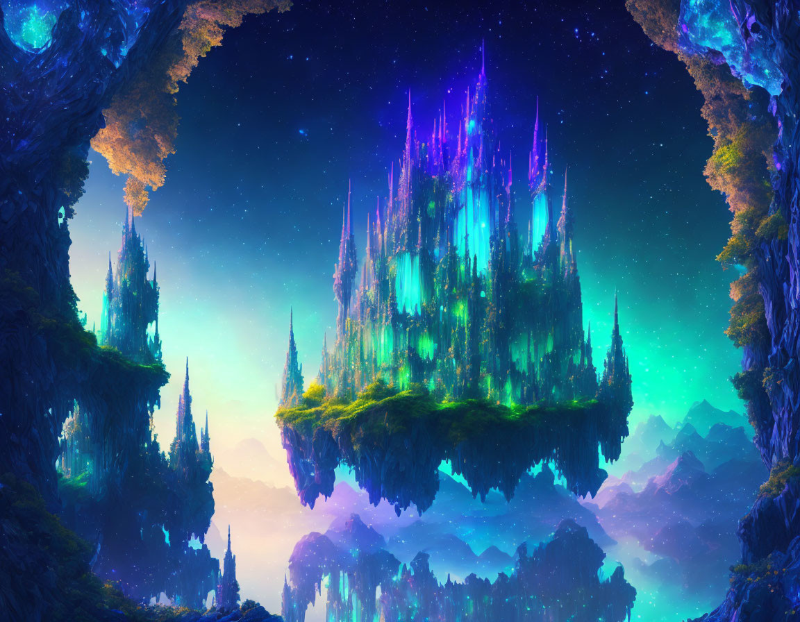 Luminous Crystal Castle on Floating Island in Fantasy Landscape