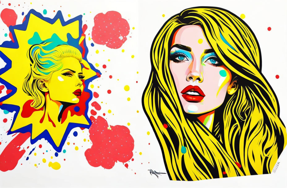 Colorful Pop Art-Style Diptych of Woman with Speech Bubble Profile & Yellow Hair-Front