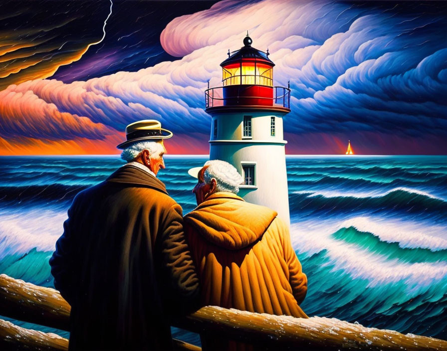 Elderly couple admiring vibrant seascape with lighthouse, swirling clouds, and dynamic waves