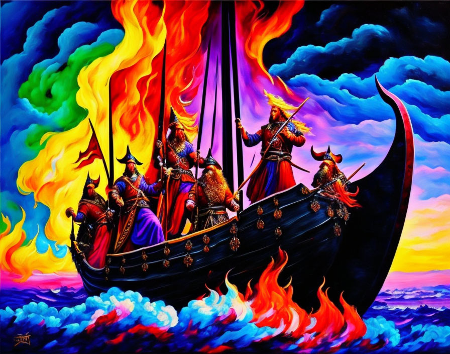 Vibrant Viking warriors painting on flaming ship with colorful skies and tumultuous seas.