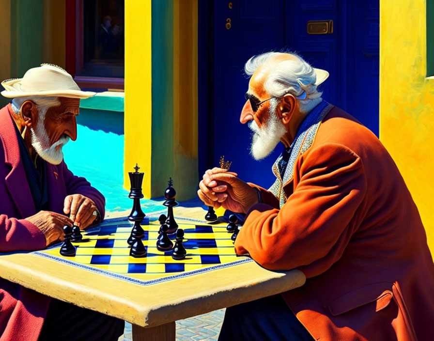 Elderly men playing chess in traditional attire