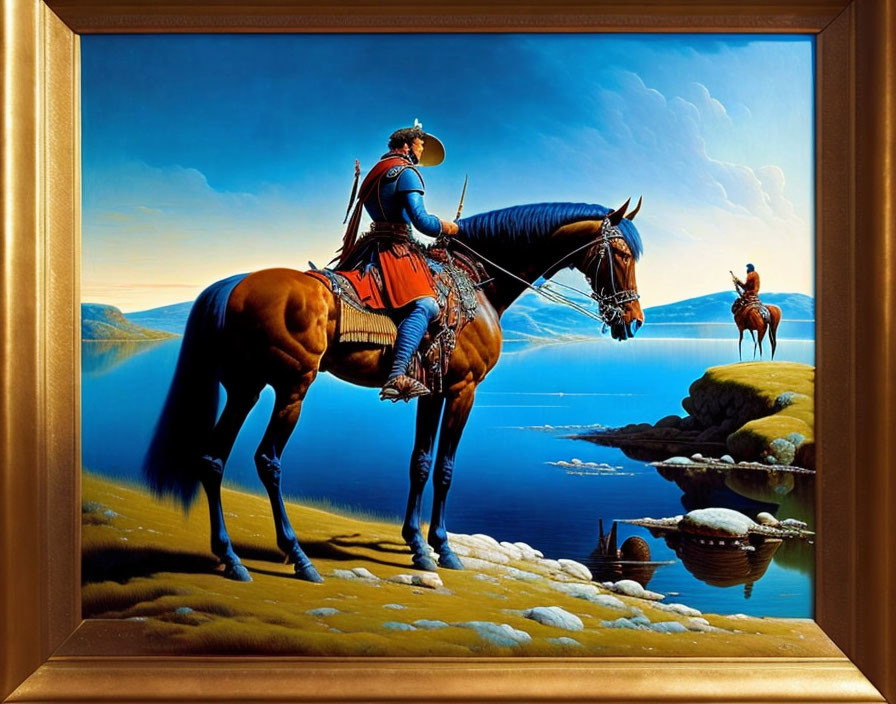 Knight in Blue Armor on Brown Horse in Surreal Landscape with Reflective Water and Distant Rider